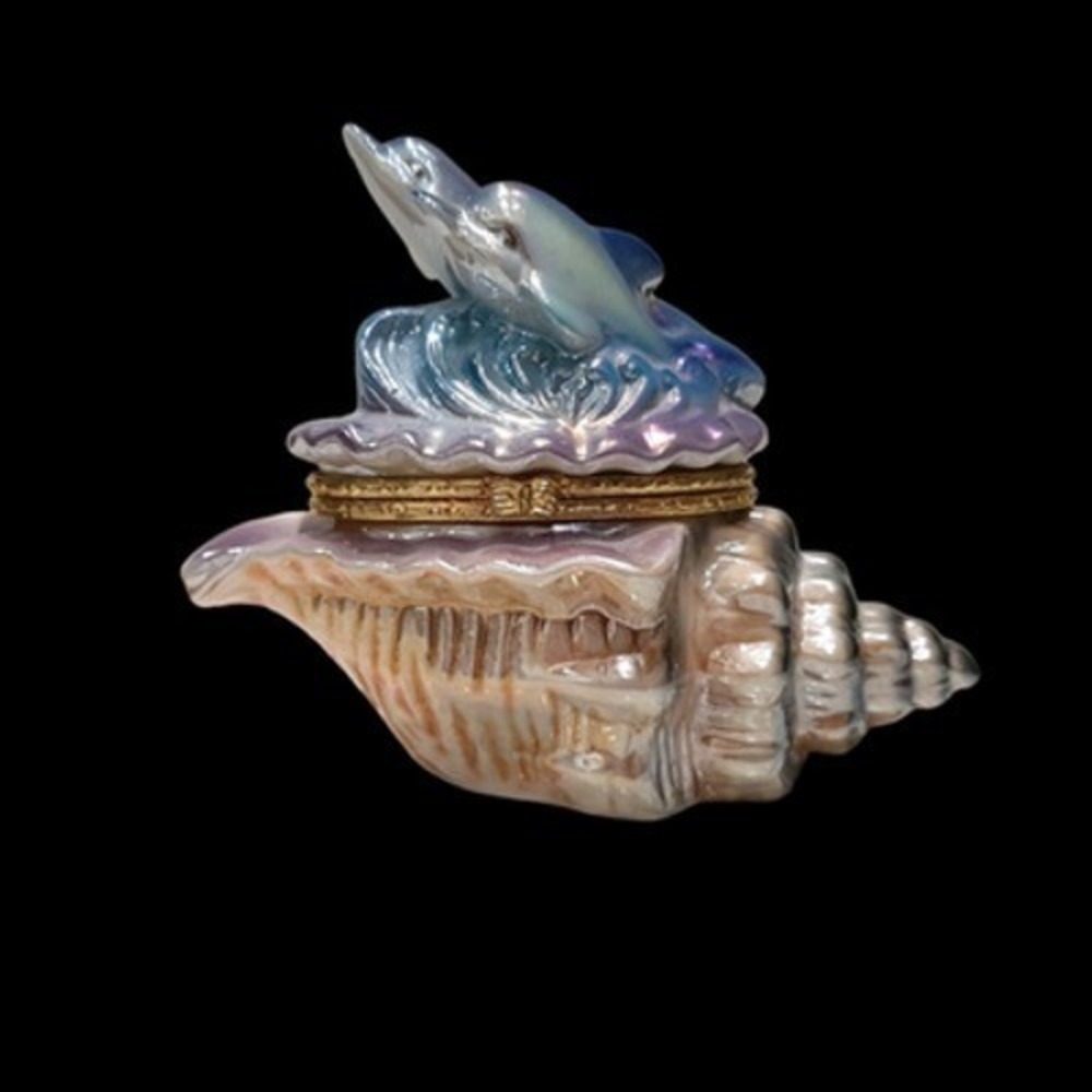 Dolphins Trinket Box hinged Dolphin on Waves Seashell Conch Shell porcelain